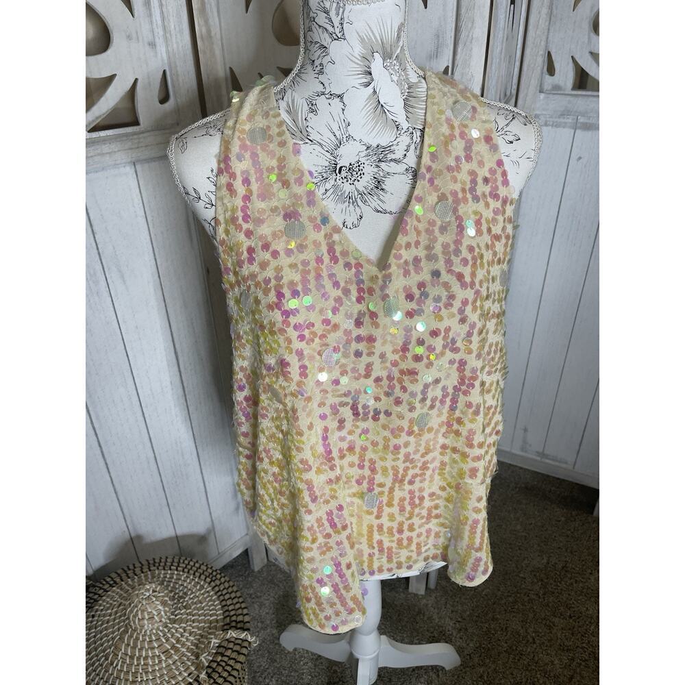 Moulinette Soeurs Women's Top Opal Pink Sequins Sleeveless Size 8 V-Neck Blouse